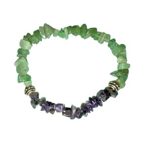 HANDMADE Green Aventurine & Purple Amythist Stone Chips Beaded Stretch Bracelet